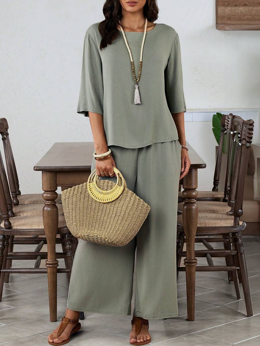 EMERY ROSE 2pcs/Set Women Solid Color Elegant Round Neck Elbow Sleeve Green Wide Leg Pants