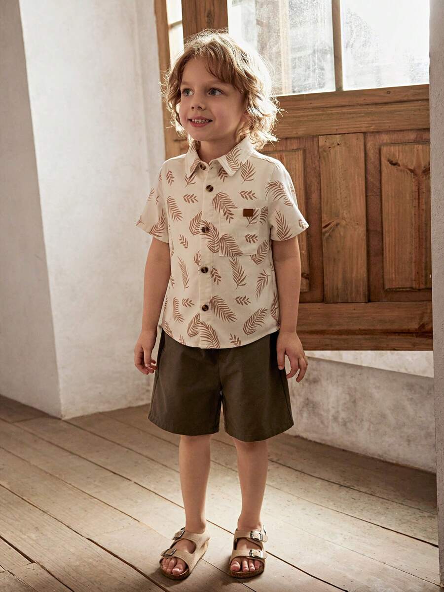 Cozy Pixies Young Boy Daily Comfortable Casual Set, Leaf Pattern Lapel Short Sleeve Shirt And Solid Color Shorts