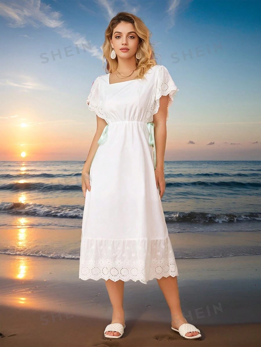 Aveloria Vestido de manga corta para mujer con bordado aleatorio