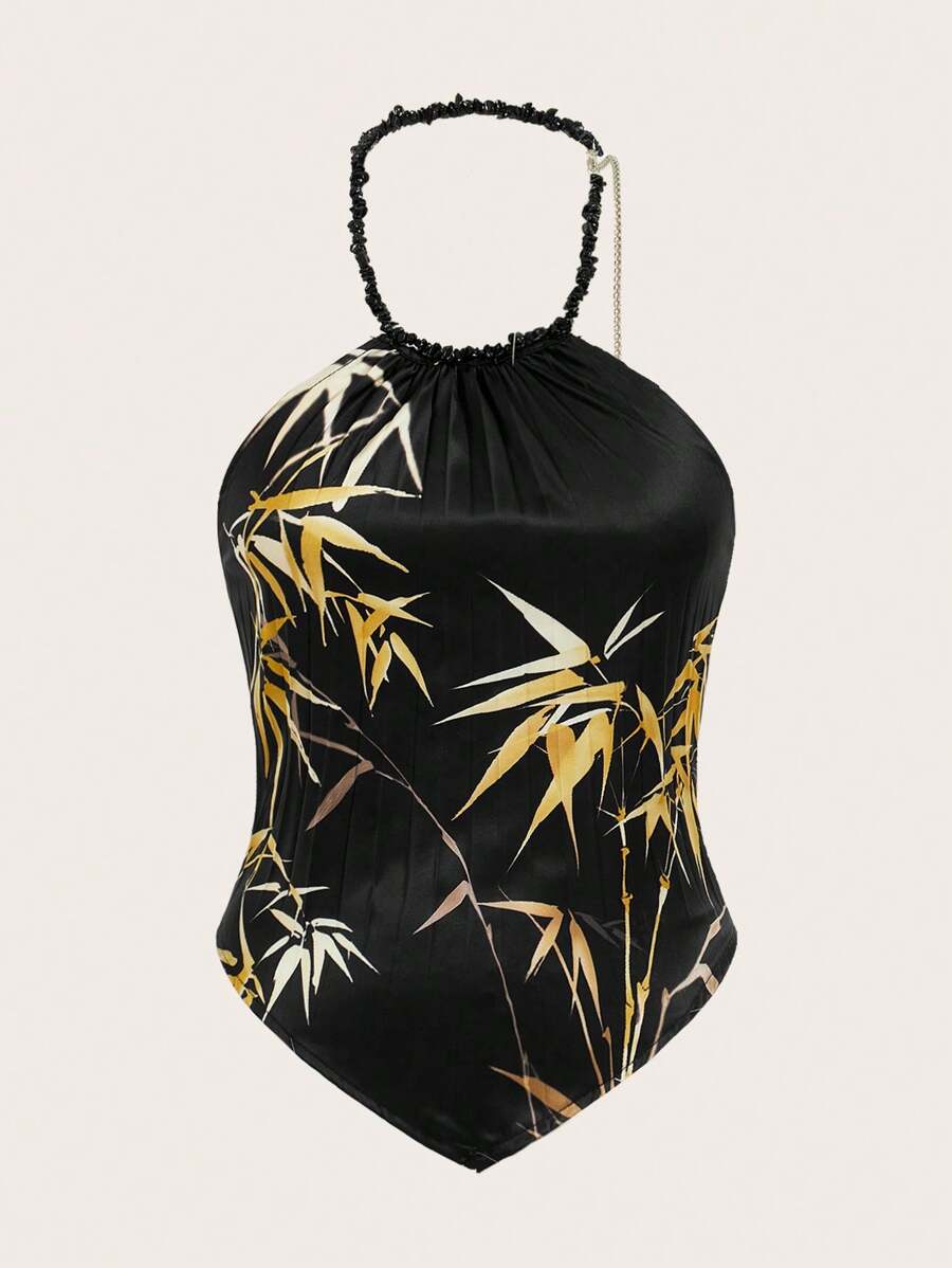 EastFlair New Chinese Style Beaded Chain Pendant Bamboo Print Pleated Tank Top For Women, Suitable For Parties And Dates