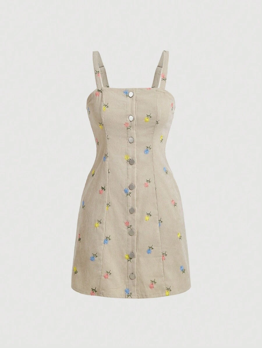 SHEIN MOD Women's Summer Casual Floral Printed Embroidered Front Button Cami Dress