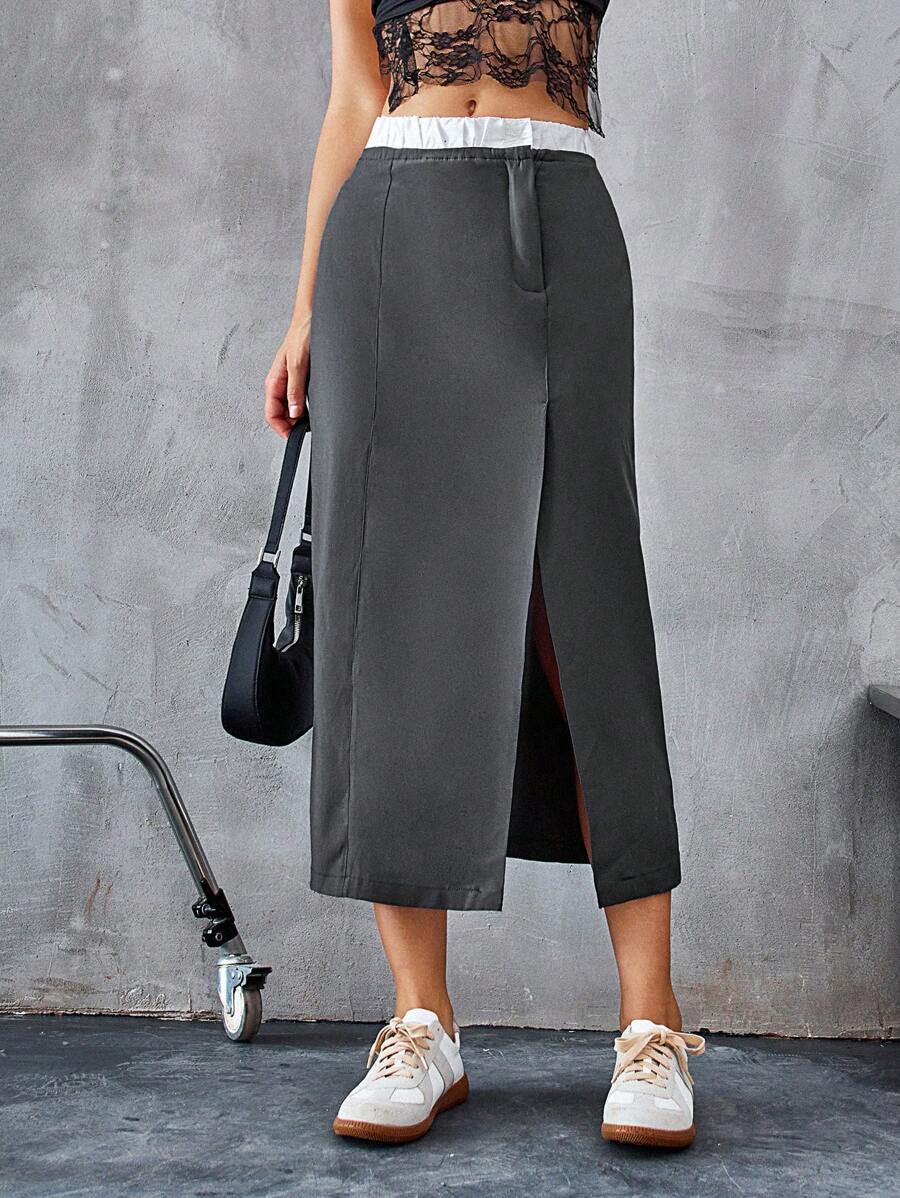 Aveloria Affinna Summer Casual Color-Block Elastic Waist Ruched Slit Design Skirt