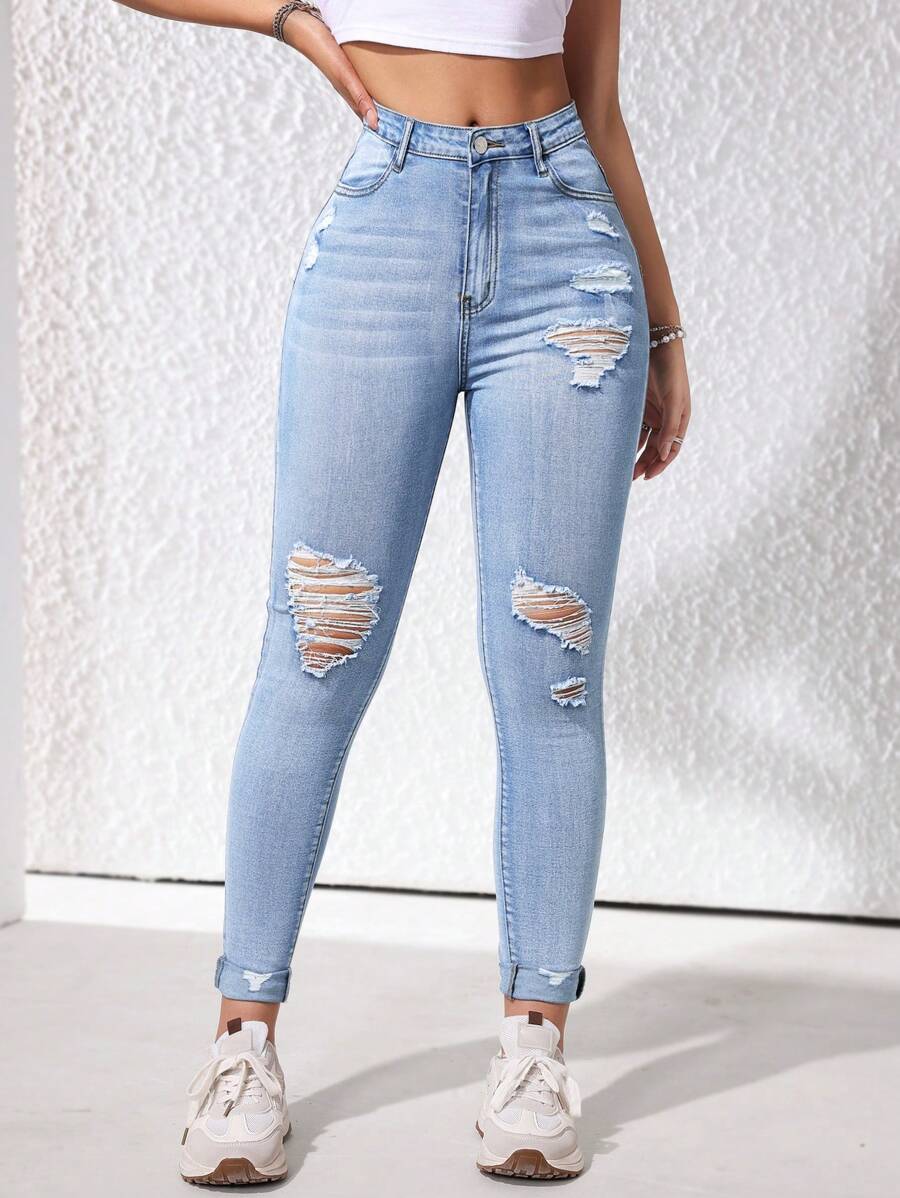 SHEIN EZwear Women's Fashionable High Waisted Distressed Denim Pants For Daily Wear