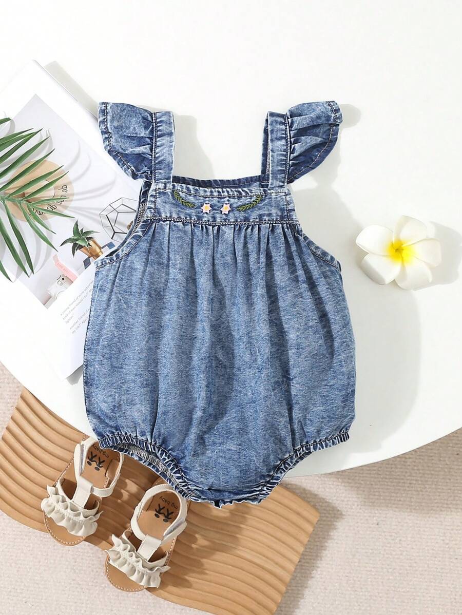 Baby Girl Casual Comfortable Embroidered Flower Denim Bodysuit With Butterfly Sleeves