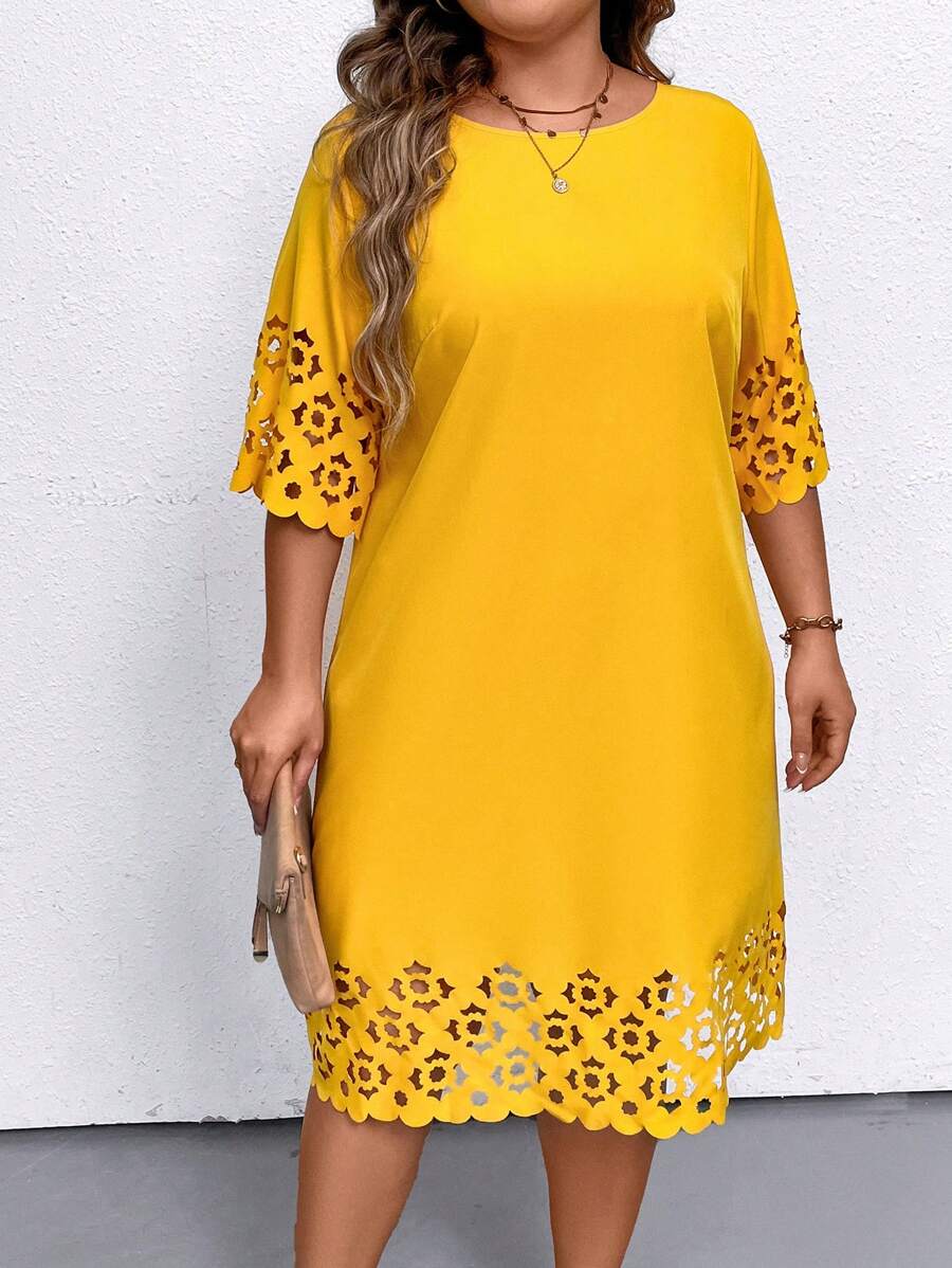 EMERY ROSE Plus Size Women's Summer Solid Color Round Neck Burnout Hollow Out Elegant Dress With 3/4 Sleeves