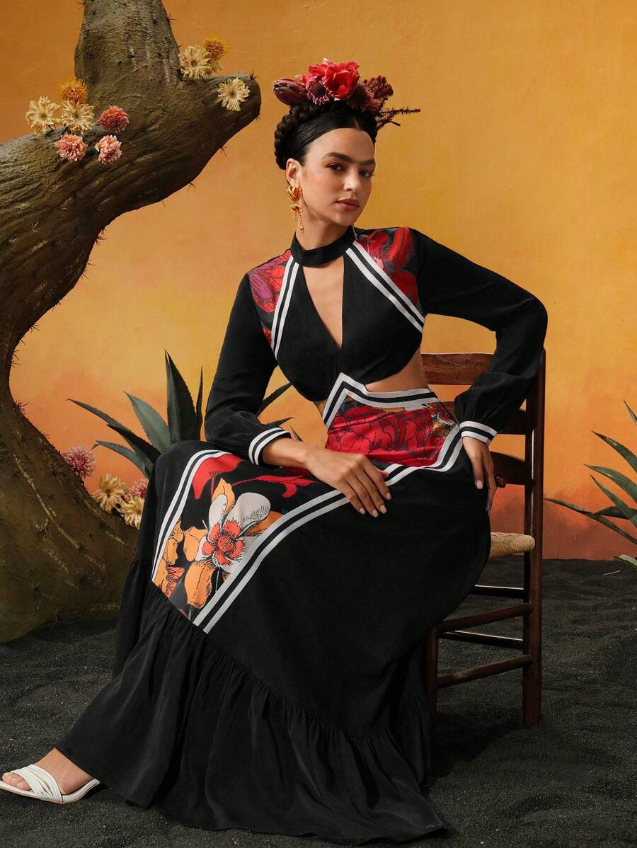 Frida Kahlo X SHEIN X Designer ISELACOS Vestido de línea A con escote de ojal, diseño de cintura calada y volante en el bajo, en estampado floral patchwork, para festival