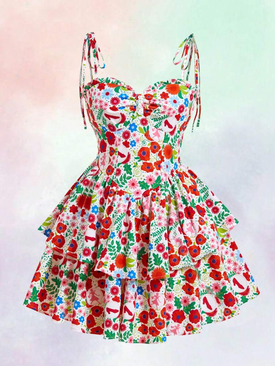 The Wizard of Oz X SHEIN Vestido de tirantes con volantes en capas y estampado floral para verano