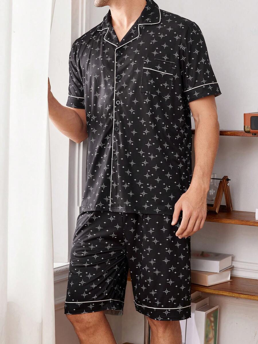 Men's Star Printed Single Breasted Short-Sleeved Top And Plaid Shorts Casual Home Suit Set