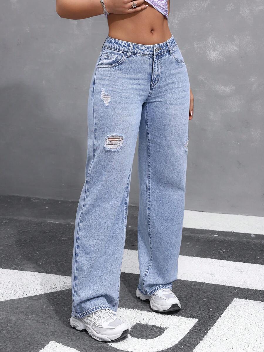 SHEIN EZwear Ladies' Plain And Simple Loose Fit Ripped Daily Jeans Summer Outdoor