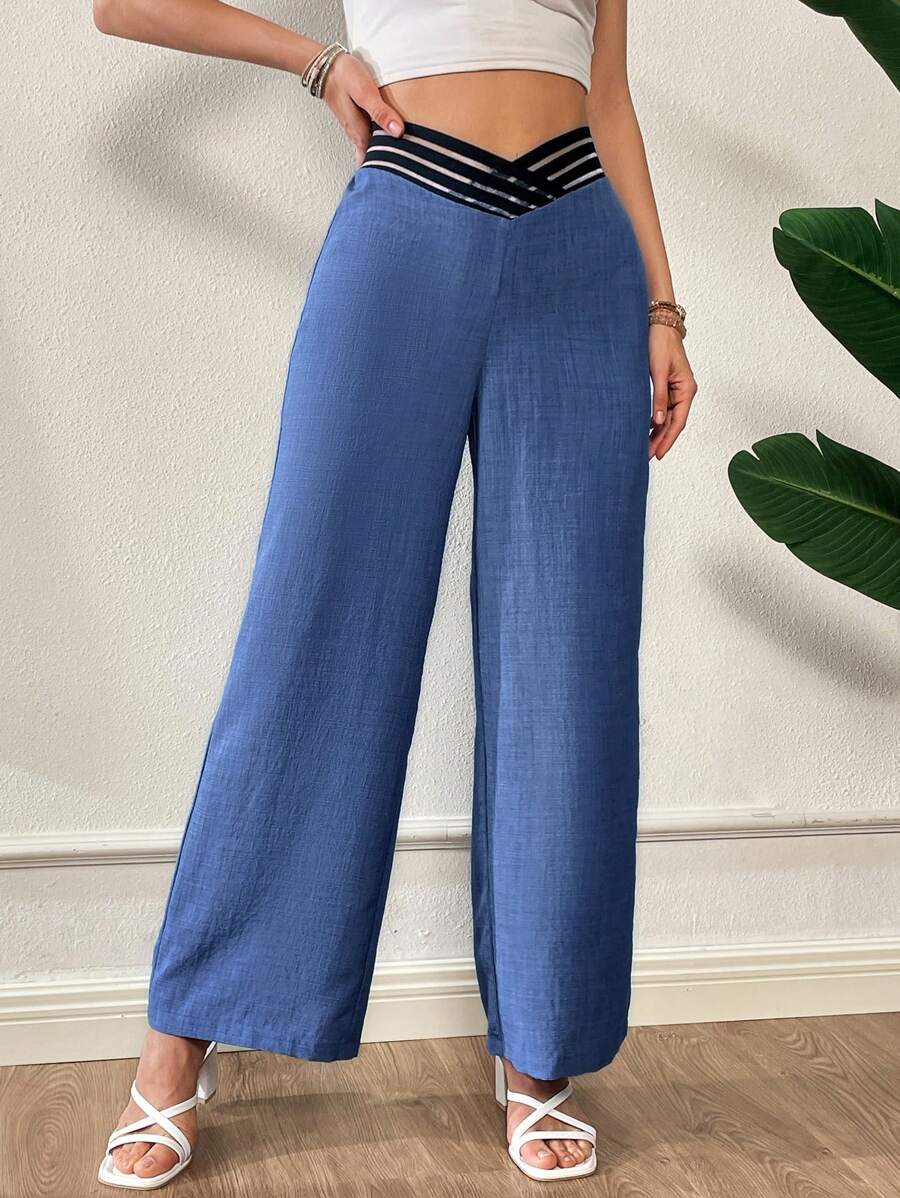 SHEIN Essnce Women's Summer Blue Denim Effect Fashionable V-Shaped Asymmetrical Waist Design Loose Wide-Leg Pants