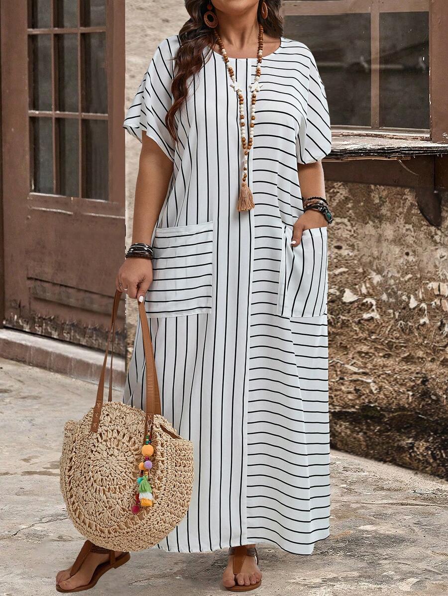 EMERY ROSE Plus Size Women's Striped Printed Batwing Sleeve Long Dress With Pockets, Loose Fit, Crew Neck, Spring/Summer