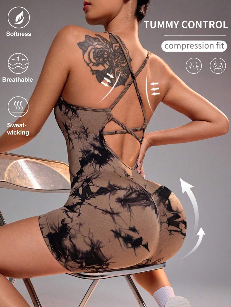 Dewbera Frauen Zufällig bedruckter Yoga-Jumpsuit mit gekreuzten Trägern