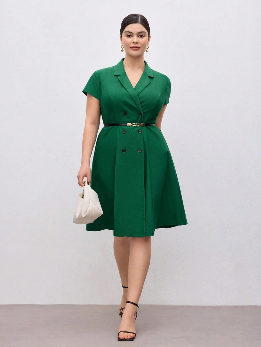 BizChic Plus Size Dames Zomer Effen Kleur Groen Pak Kraag Double-Breasted Kapmouw Elegante Business Casual Werkjurk
