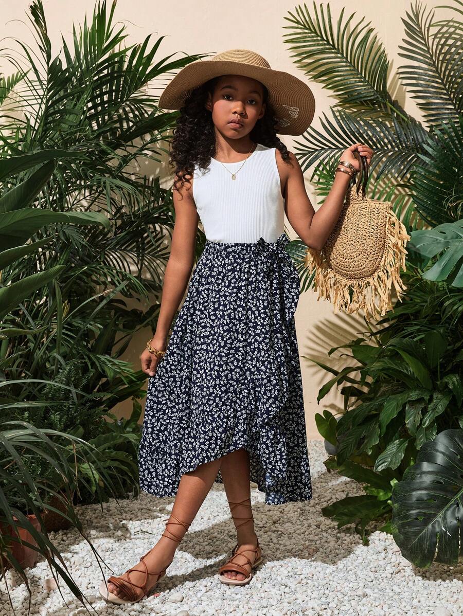 SHEIN Tween Girl casual lente/zomer gebreide mouwloze tanktop met vrolijke gebloemde rokset met ruches