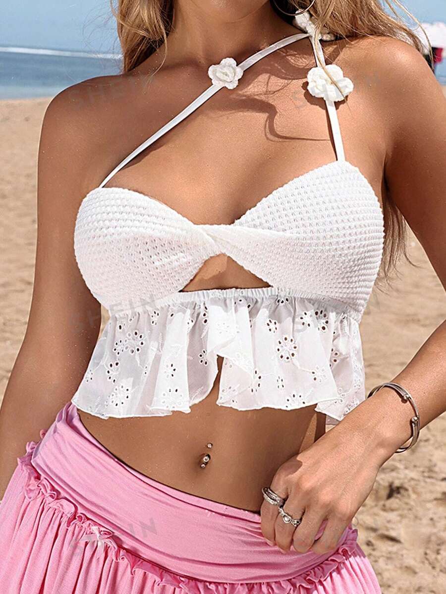 SHEIN ICON Conjunto de verano para mujeres Y2k para la playa, con top corto floral con corte de hombro con correa, nudo y torcedura, con encaje y bordado hueco
