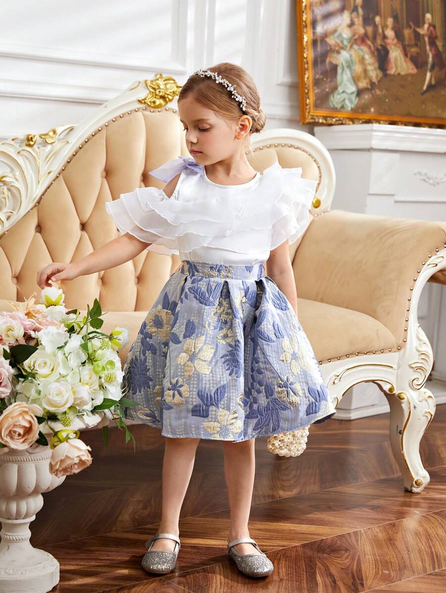 SHEIN Set aus 2 Teilen für Kleine Mädchen: Gerüschte Bluse mit Puffärmeln und Jacquard Rock