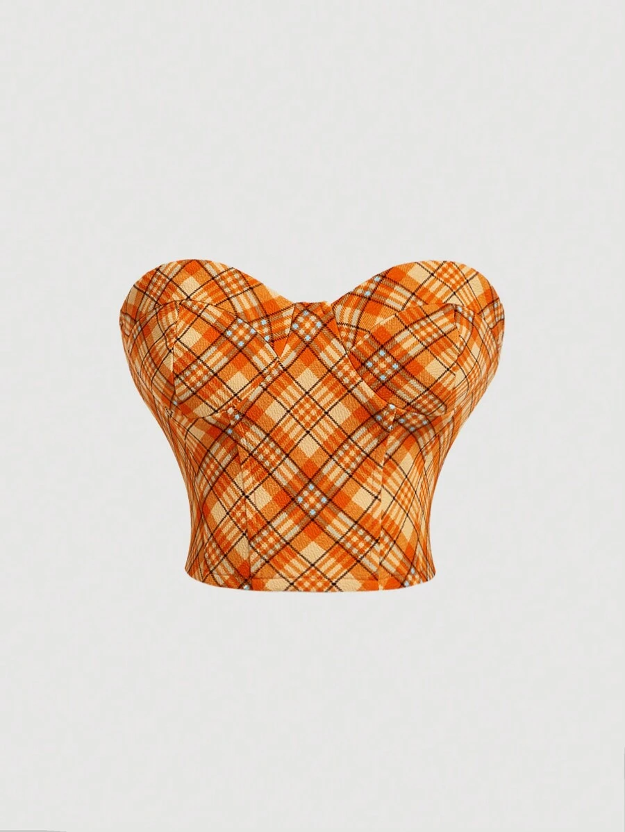 SHEIN MOD Summer Plaid Strapless Tight-Fitting Tube Top