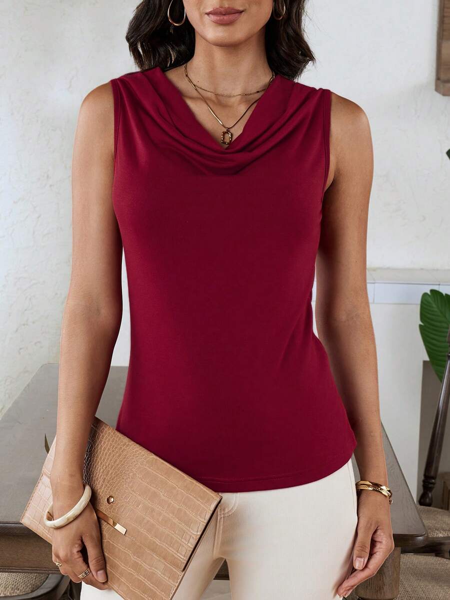 EMERY ROSE Elegant Wine Red Sleeveless Women Blouse With Collar, Perfect For Office Wear