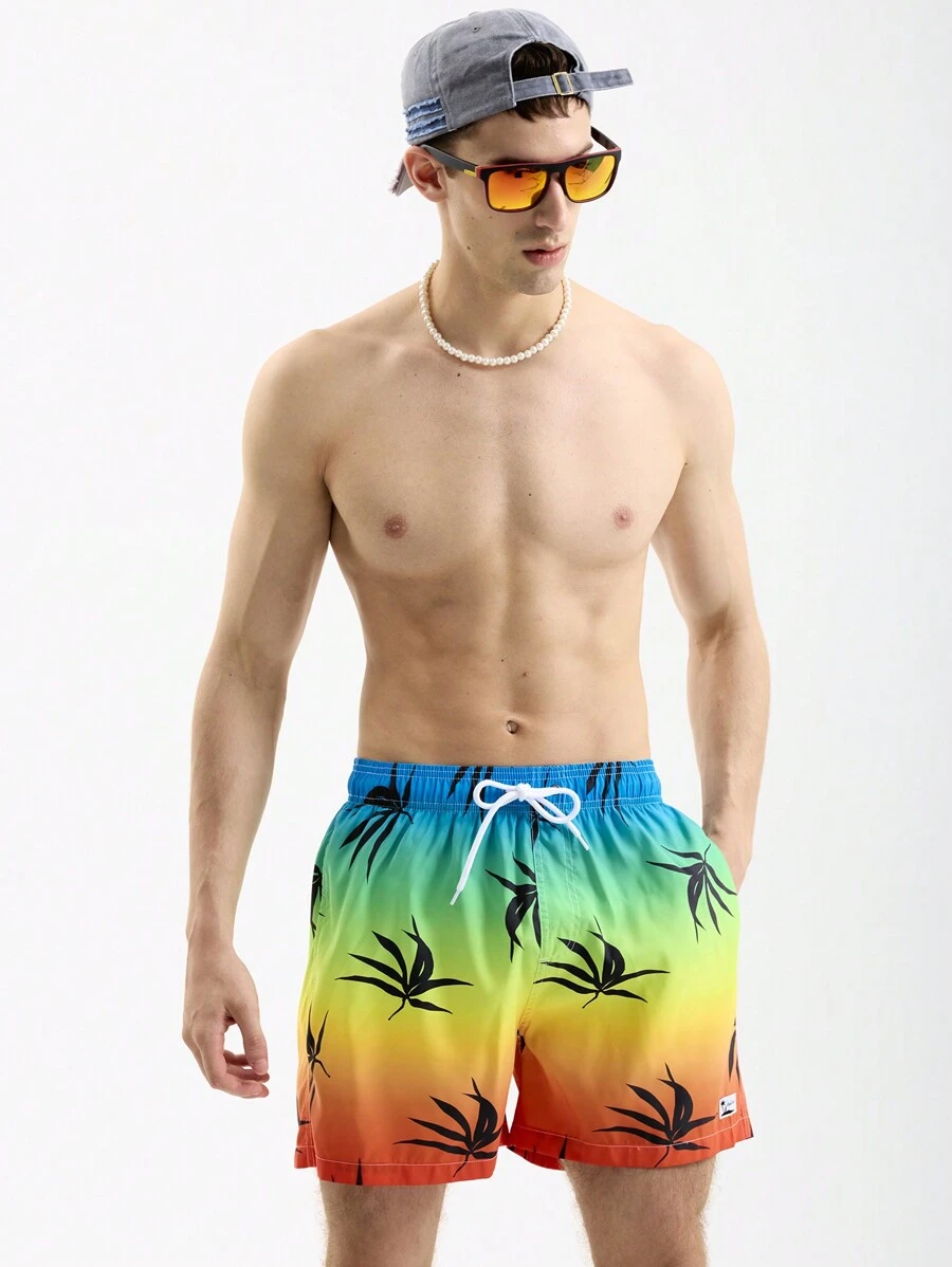 Manfinity Men Vacation Leisure Pool Plant Printed Tie-Dye Beach Shorts