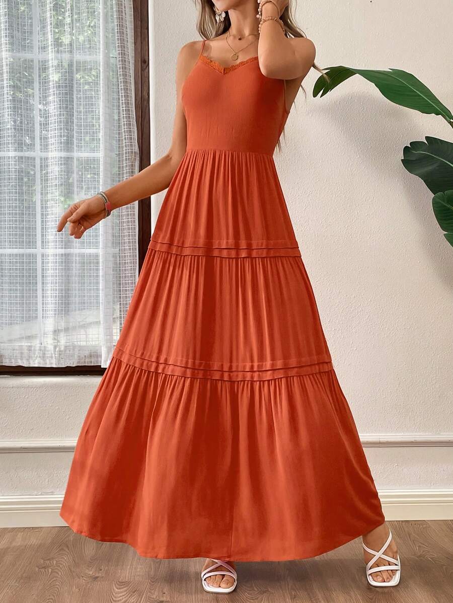 SHEIN Essnce Women's Orange Woven Neckline & Lace Splicing A-Line Casual Dress With Spaghetti Straps For Summer