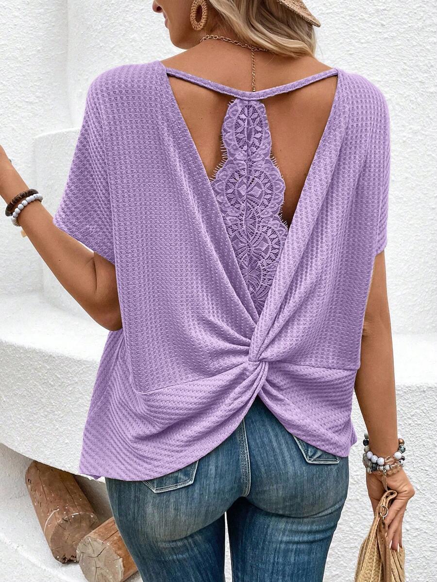 Breezaya Women's Summer Solid Color Round Neck Short Sleeve T-Shirt With Lace Back Panel And Knot Detail, Casual
