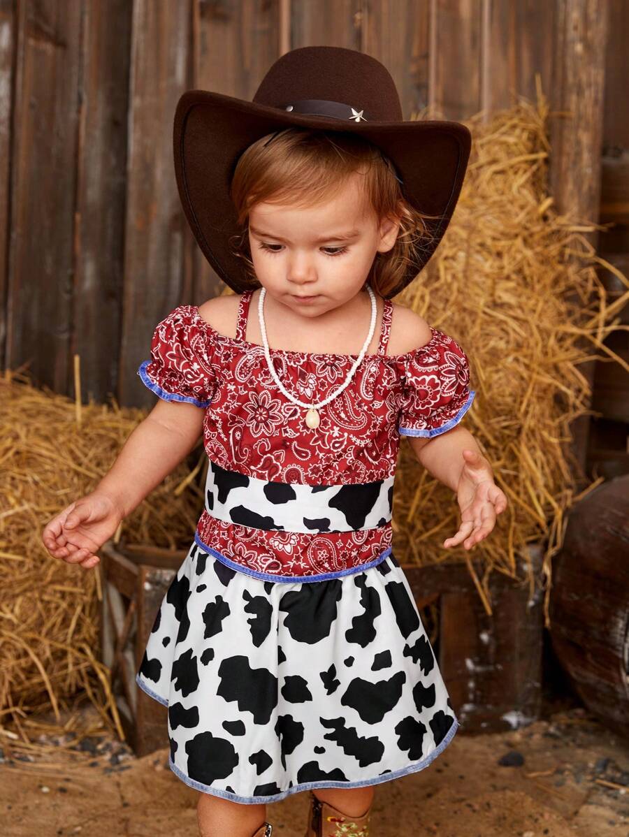 SHEIN 3pcs/Set Toddler Girls' New Fun Spring/Summer Outfit, Including Fun Printed Western Style Cowgirl Denim Shirt, Milk Print T-Shirt And Casual Jeans