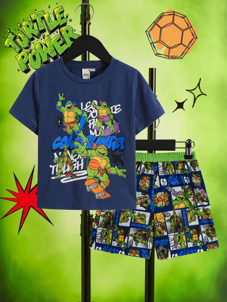 TEENAGE MUTANT NINJA TURTLES X SHEIN Set estivo da ragazzo giovane con Maglietta e pantaloncini casual a stampa di cartoni animati e lettere cool