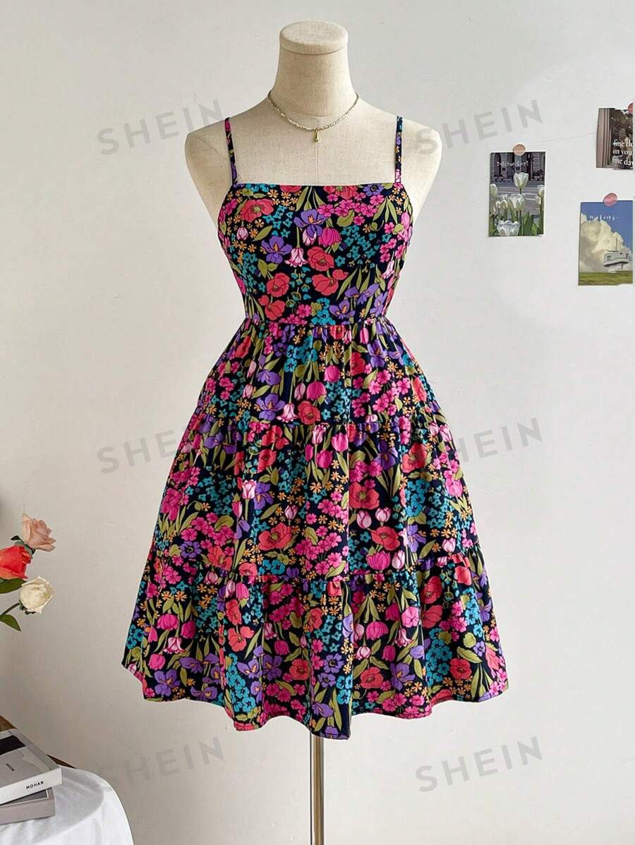 Soleia Vestido de tirantes de flores con volantes para mujeres para vacaciones de verano