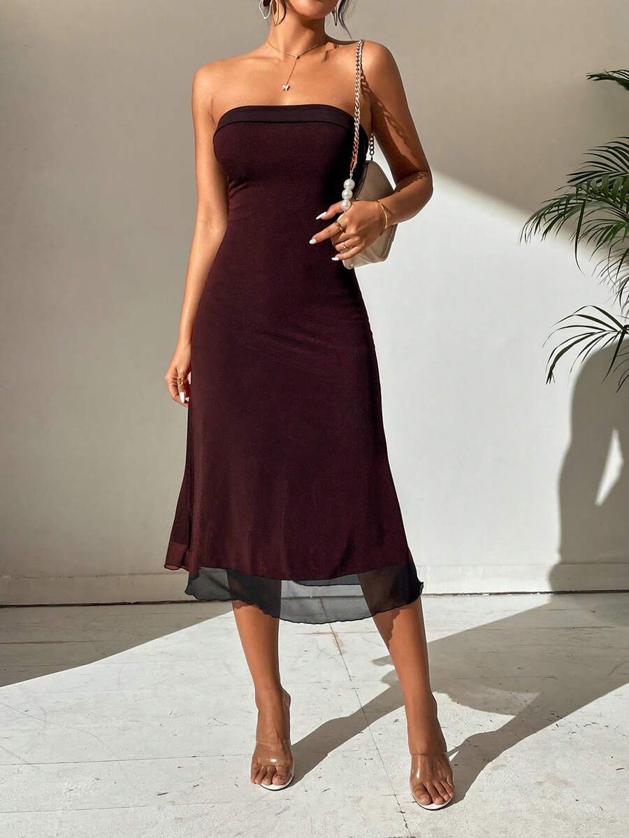 SHEIN Privé Spring Break Solid Backless Tube Off Shoulder Long Summer Bodycon Long Black Dress
