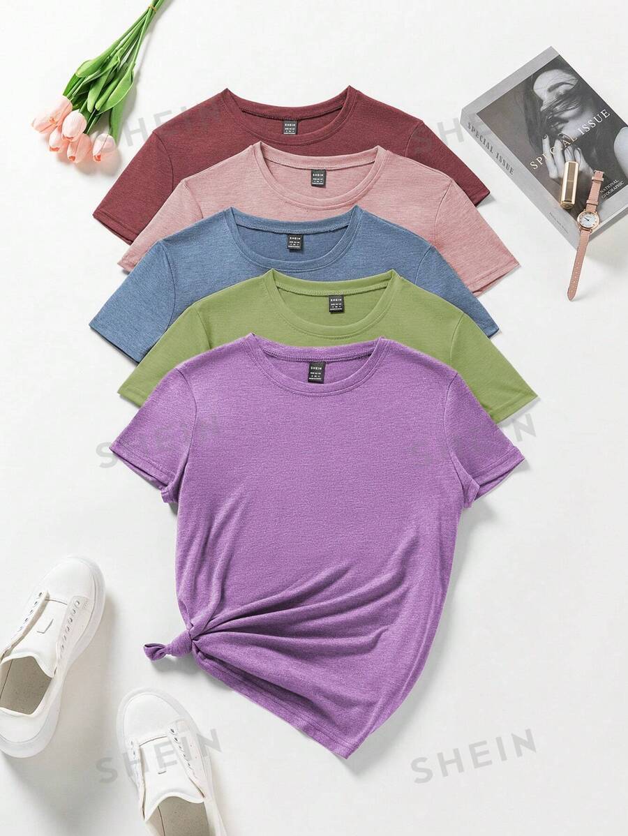 INAWLY Camiseta casual de verano para mujer de cuello redondo y manga corta de unicolor