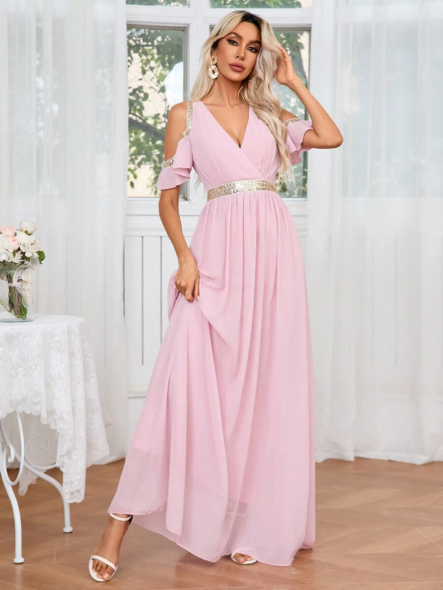 SHEIN Belle Jurk met glitterlint en split met open schouder en taille