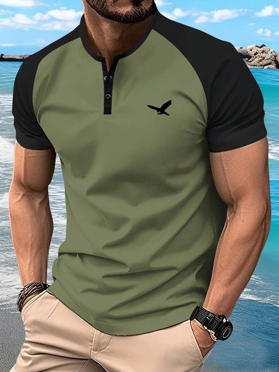Nuova maglietta henley a maniche corte estiva da uomo, stampa casual con aquila, tempo libero, viaggio, esterno, campeggio, maglie da uomo