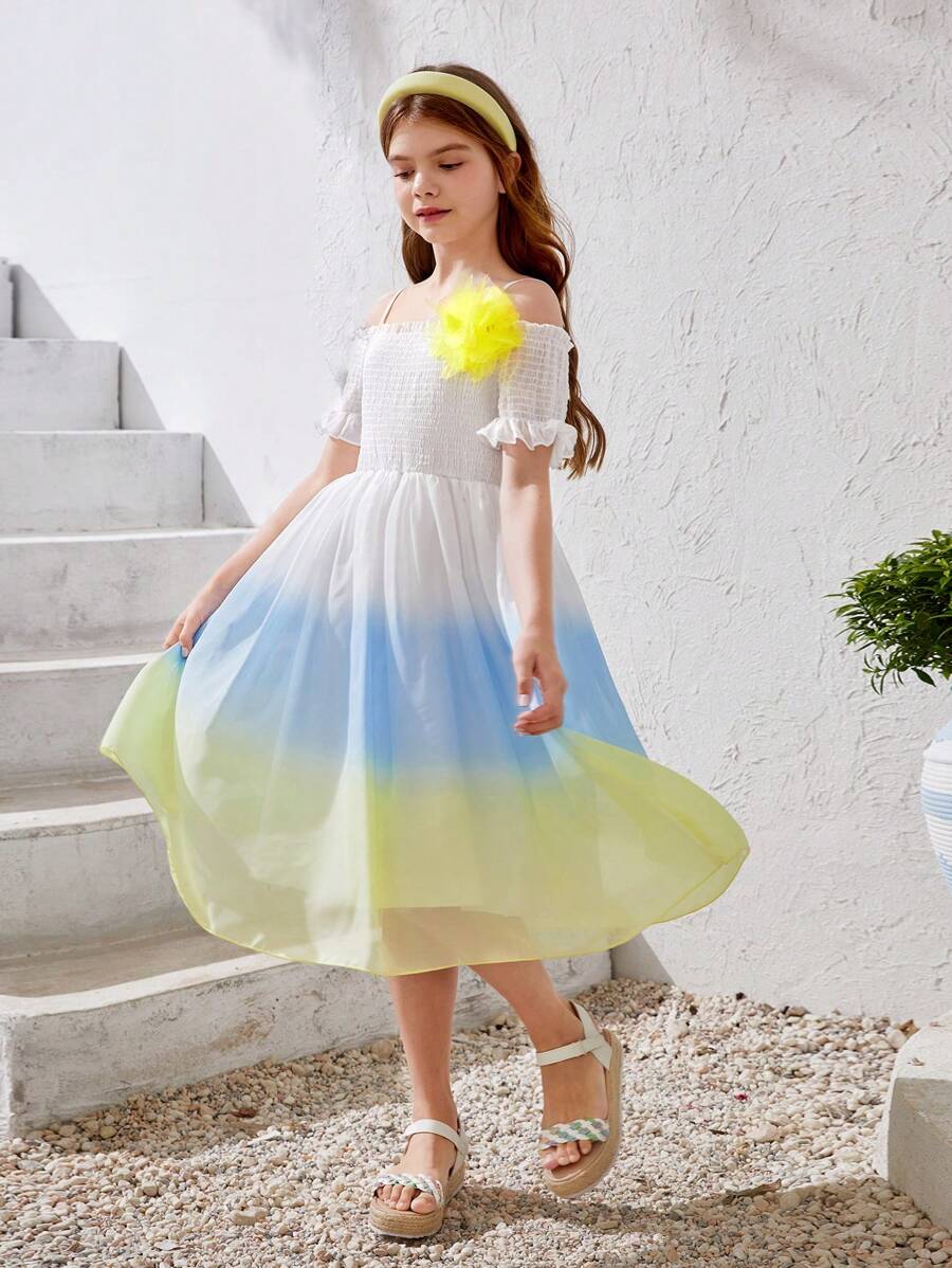 Tween Girl Summer Shirred Cold Shoulder Casual Gradient Dress For Beach Vacation