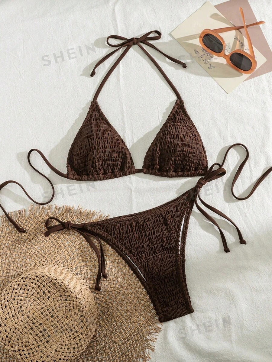 SHEIN Swim Conjunto de bikini sexy para mujer con cuello halter y unicolor, traje de baño para playa de verano