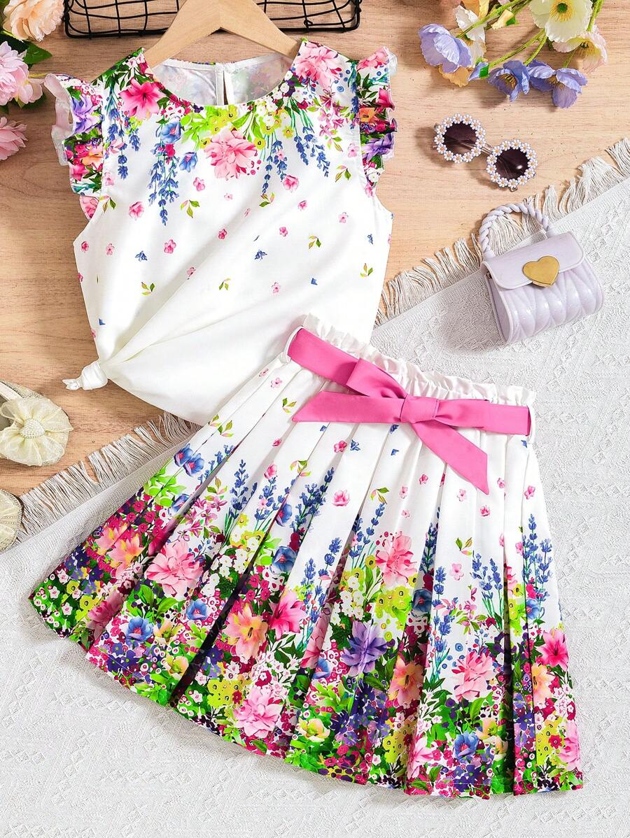 SHEIN Tween Girl elegante top met bloemenprint en rokset met riem