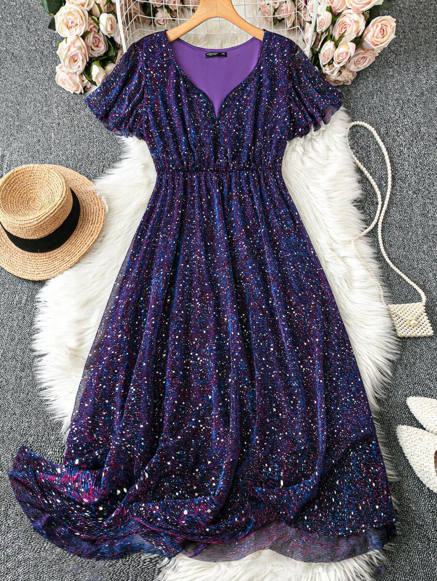 SHEIN Clasi Plus Size Women Fashionable Mesh Short Sleeve Dress With Rhinestone Embellishment