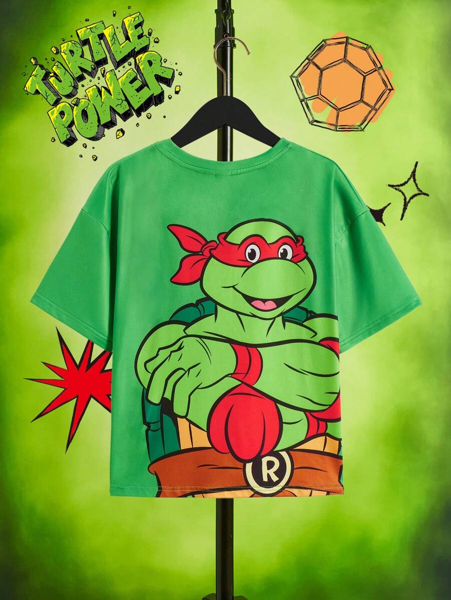 TEENAGE MUTANT NINJA TURTLES X SHEIN Maglietta con stampa a fumetti verde casual con collo tondo, maniche corte e vestibilità larga, adatta ai ragazzi adolescenti