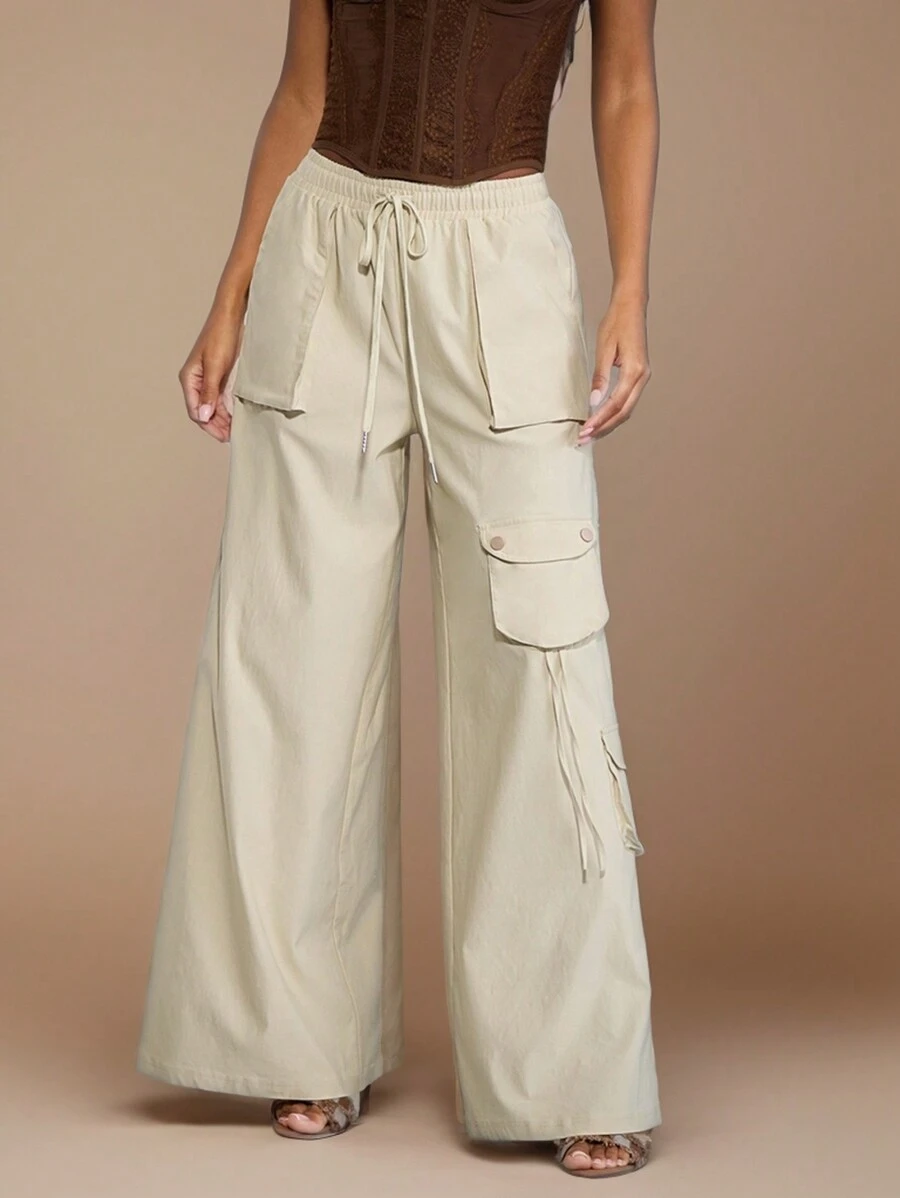 SHEIN BAE Solid Color Apricot Elastic Waist Cargo Style Wide Leg Pants With 3D Pockets, Low Waist, Perfect As Summer Bottoms, Summer Pants Fashion