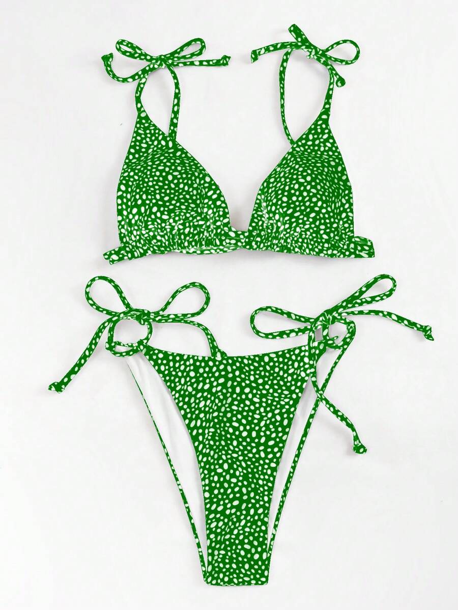 SHEIN Swim Ladies' Holiday Allover Print Halter Neck Bikini Set With T-Back Thong Bottom, Sexy Style,Summer Beach