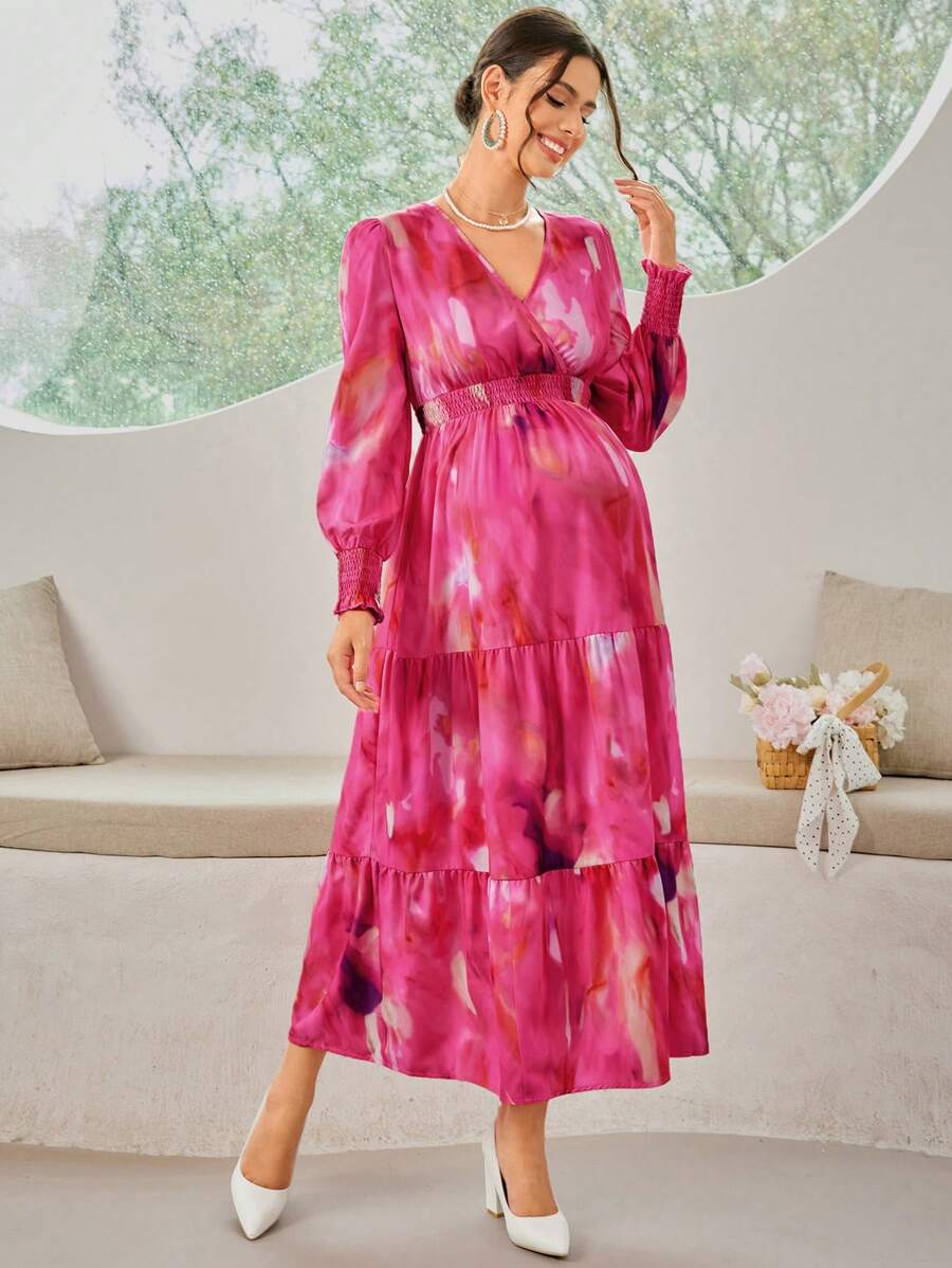 SHEIN Maternity Spring/Summer Elegant Tie-Dye Lantern Sleeve High Waist Dress