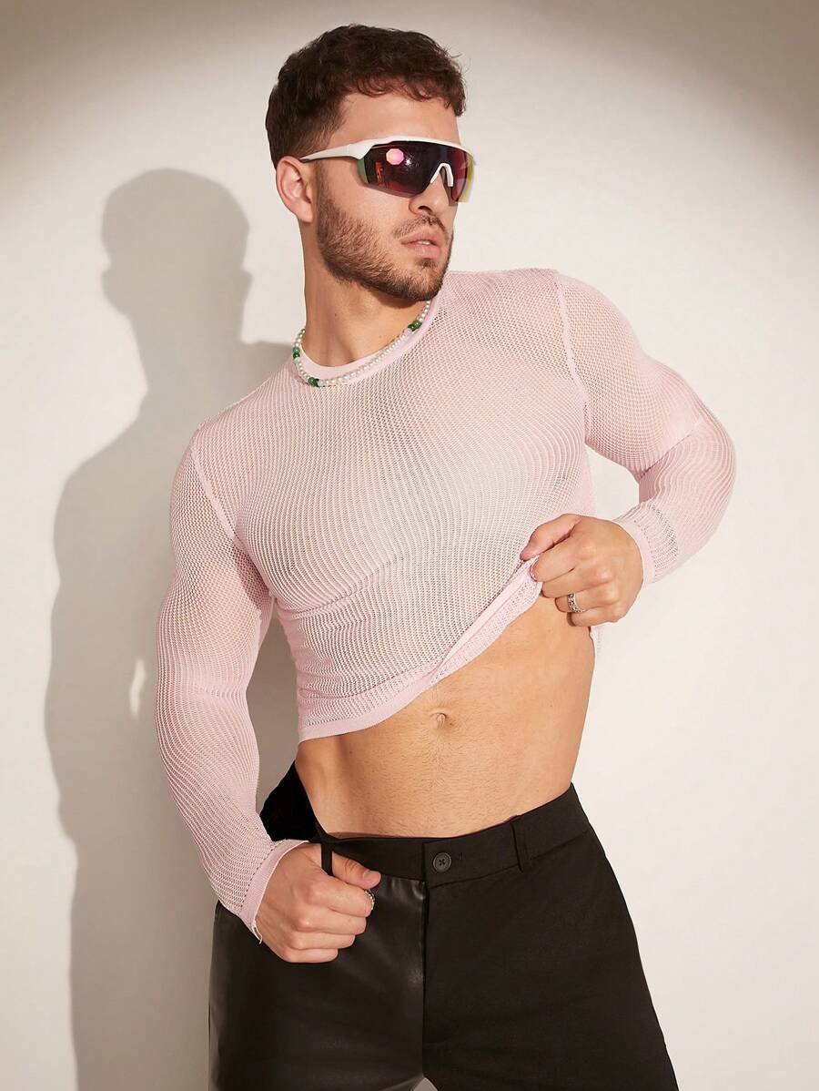 FeverCity Jersey transparente de manga larga y cuello redondo de unicolor para hombre, primavera/verano