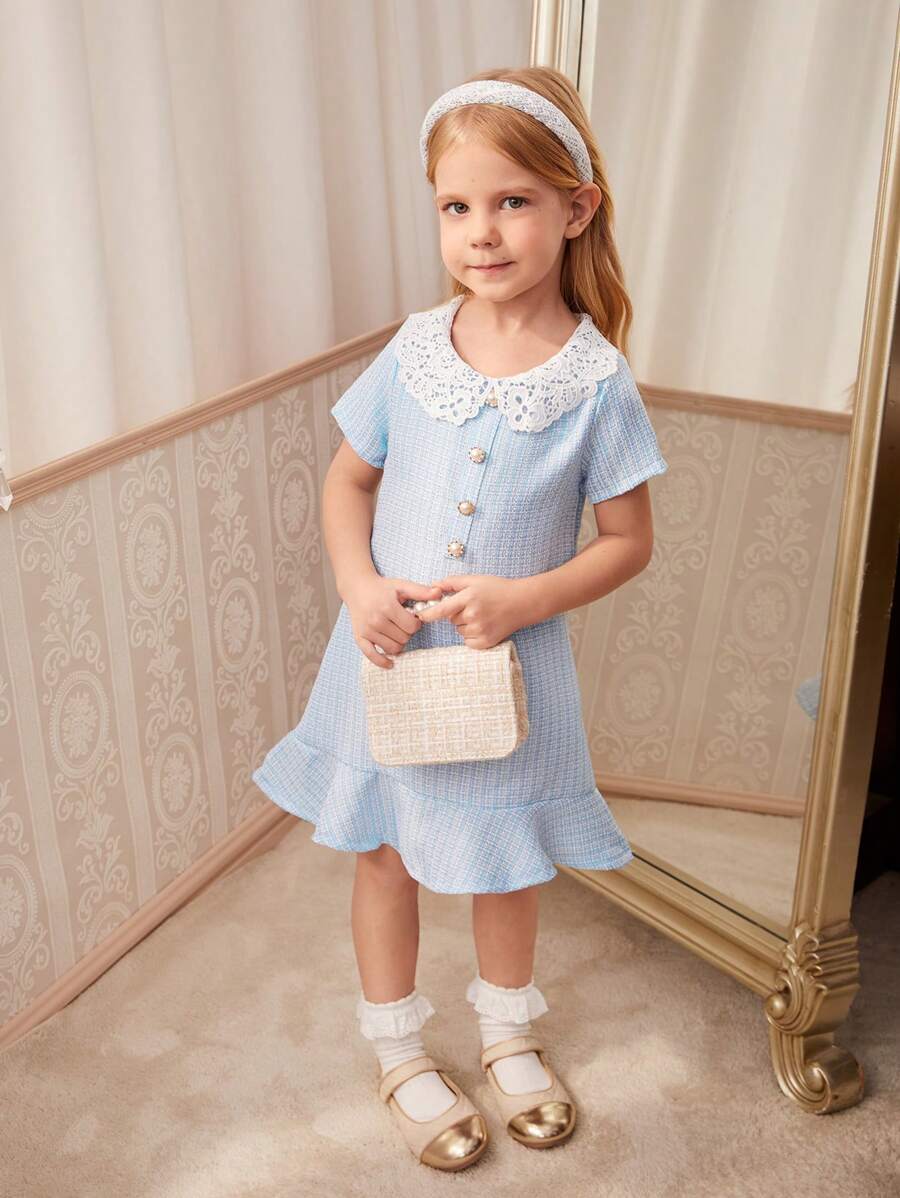 SHEIN Kleine Mädchen urban elegantes blaues Kleid mit Peter Pan Kragen, Spitze und kurzen Ärmeln für den Sommer
