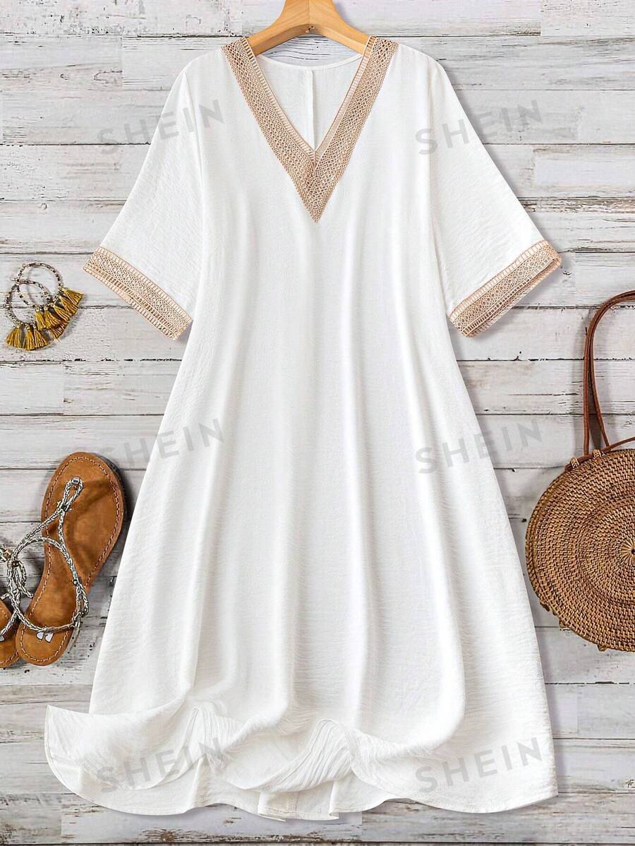 Breezaya Vestido de verano con mangas de murciélago, cuello en V trenzado, estilo bohemio, para tallas grandes