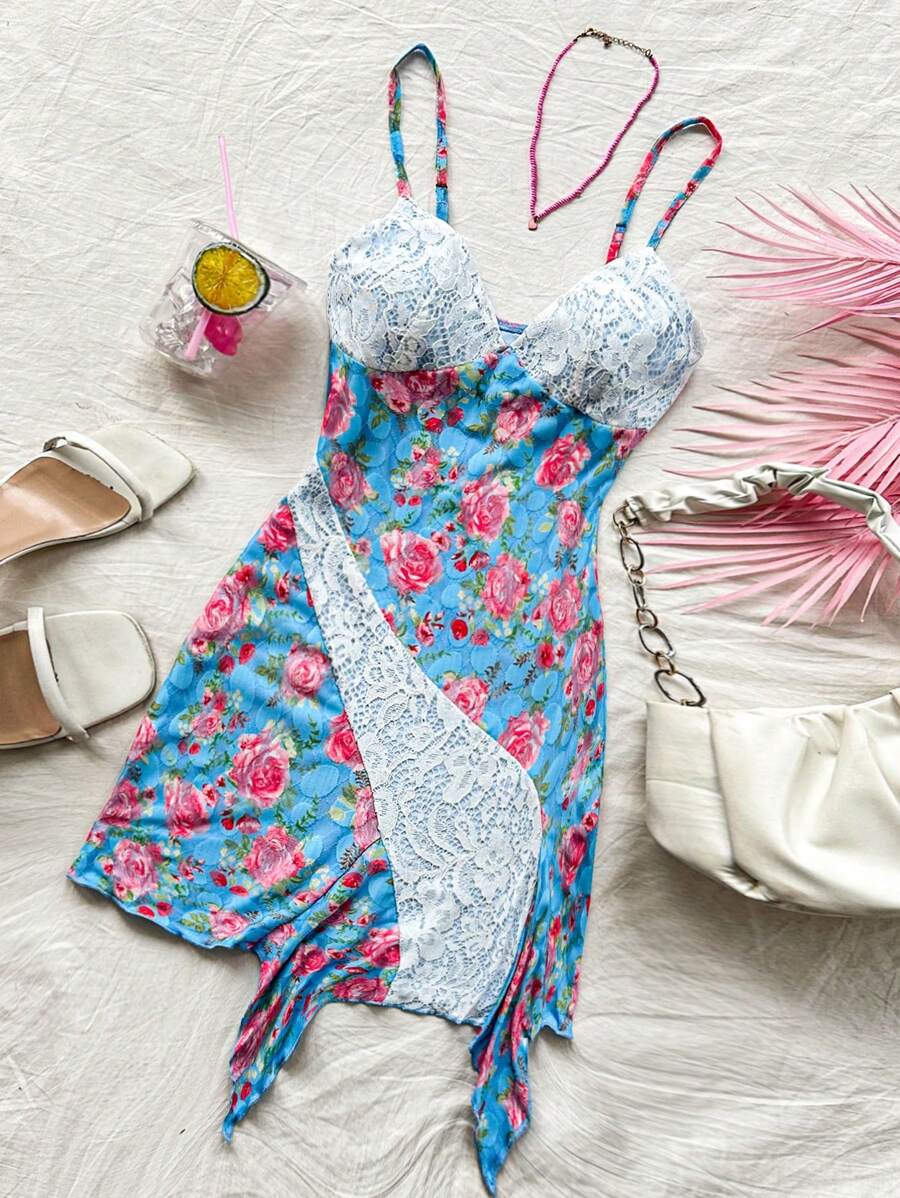 Soleia Robe d'été sans manches imprimée florale de dentelle pour femme avec bretelles spaghetti