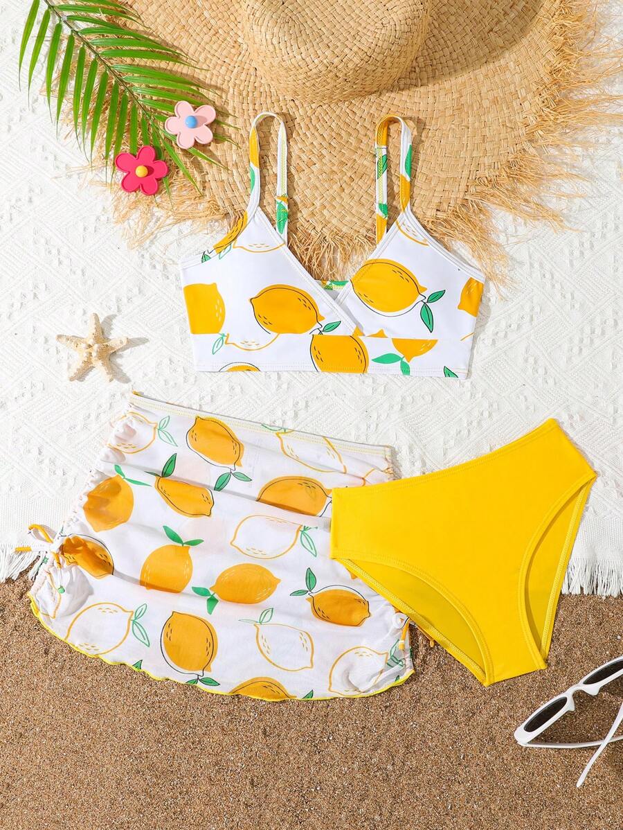 SHEIN Tween Girl Separated Bikini Set, Random Printed, 3pcs/Set Summer Beach