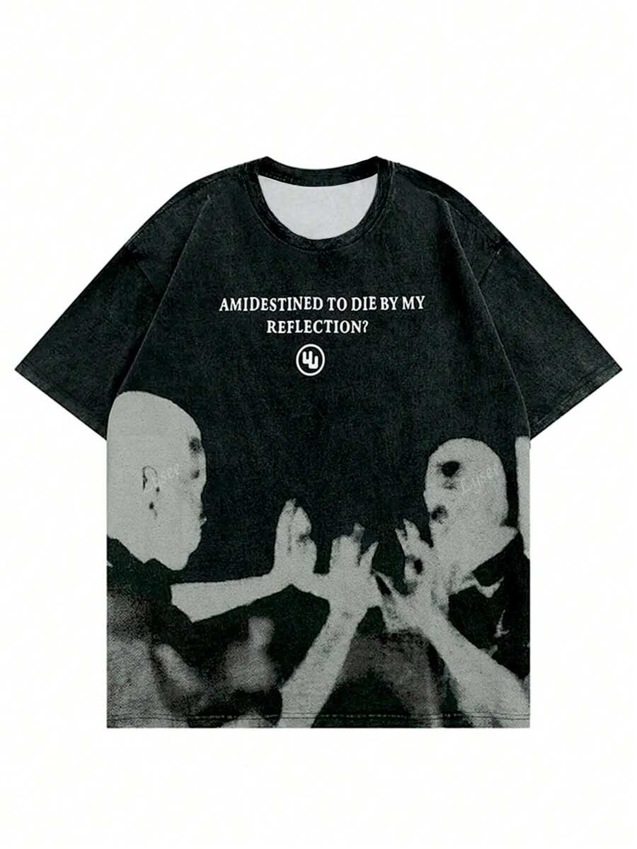 Women's Harajuku Style Casual Round Neck Short Sleeve Portrait & Letter Print Fashion Streetwear Gothic Tee