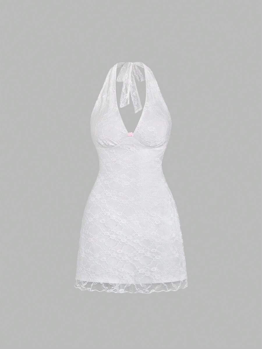 Sweetra Ladies' Summer Solid Color Lace Halter Sleeveless Dress