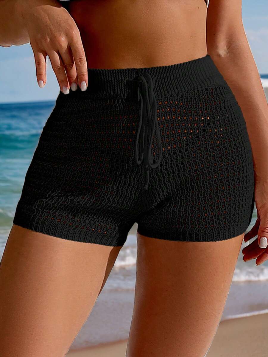 Swim Basics Solid Color Knit Tie Up Shorts & Beach Cover-Up Top, Perfect For Poolside Or Beach Vacation,Summer Beach