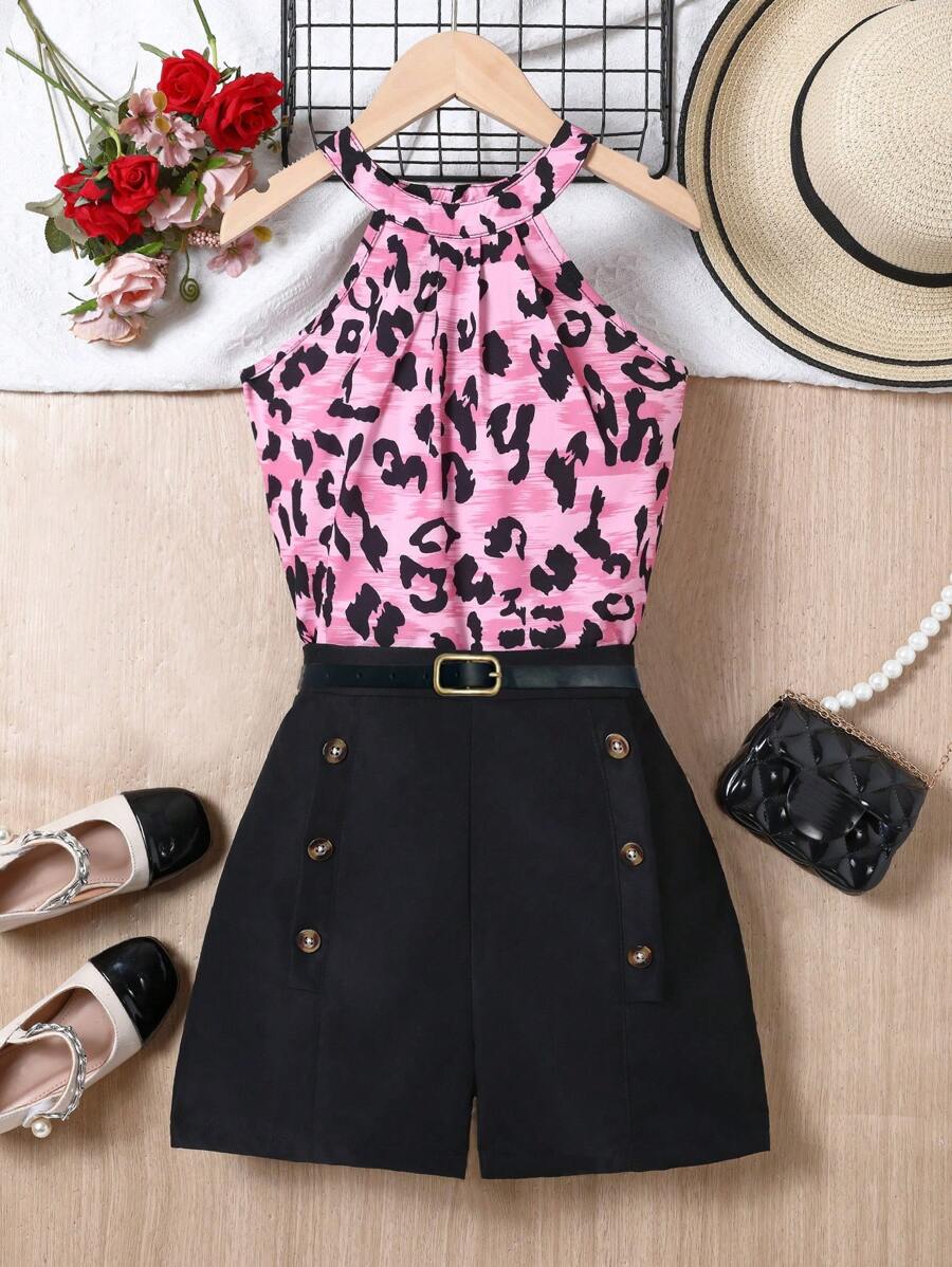 SHEIN Conjunto de Verão para Meninas Pré-adolescentes com Blusa de Alças de Leopardo e Shorts com Botões Decorativos