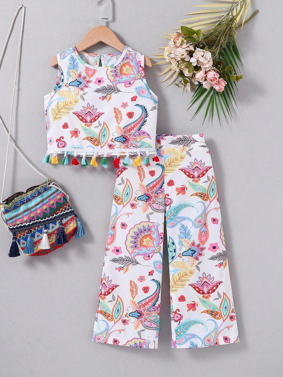 Conjunto de blusa sin mangas con estampado floral y pantalones de pierna ancha para niña joven con adornos de borlas para vacaciones
